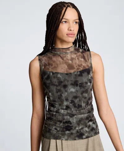 Kenneth Cole Women's Printed Mock Neck Mesh Tank Top In Black