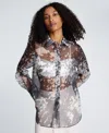 Kenneth Cole Printed Organza Oversized Button Front Shirt In Gray