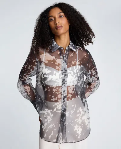 KENNETH COLE WOMEN'S PRINTED OVERSIZED BUTTON-FRONT LONG-SLEEVE SHIRT