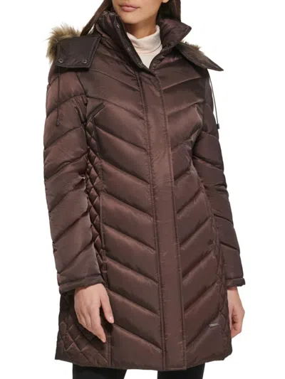Kenneth Cole Women's Quilted Faux Fur Hood Heavyweight Puffer Coat In Dark Roast