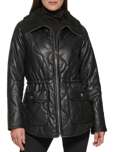 Kenneth Cole Women's Quilted Faux Fur Trim Anorak Jacket In Black
