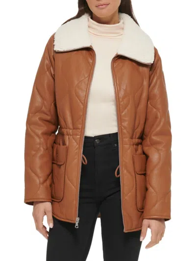 Kenneth Cole Women's Quilted Faux Fur Trim Anorak Jacket In Cognac