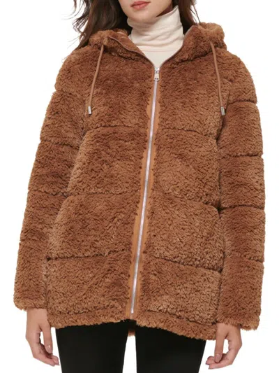 Kenneth Cole Women's Quilted Zip Faux Fur Jacket In Camel