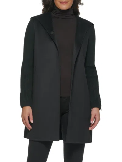 Kenneth Cole Women's Ribbed Sleeve Hooded Coat In Black