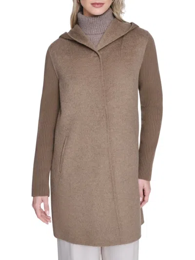 Kenneth Cole Women's Ribbed Sleeve Hooded Coat In Brown