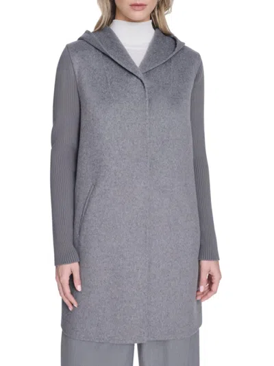 Kenneth Cole Women's Ribbed Sleeve Hooded Coat In Gray