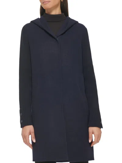 Kenneth Cole Women's Ribbed Sleeve Hooded Coat In Blue