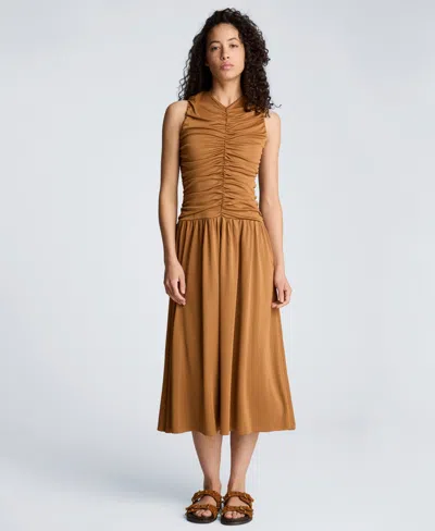 Kenneth Cole Drawstring Ruched A-line Midi Milano Jersey Dress In Multi