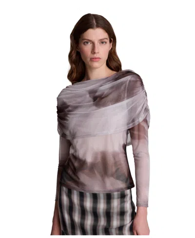 Kenneth Cole Women's Ruched Cape Printed-mesh Long-sleeve Pullover In Beechwood Multi