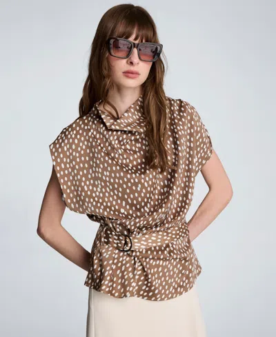 Kenneth Cole Belted Drape Neck Top In Brown