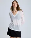 Kenneth Cole Sheer Oversize V-neck Sweater In Pure White