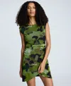 Kenneth Cole Printed Mesh Side Rouched Pullover Faux Wrap Mini Dress In Green