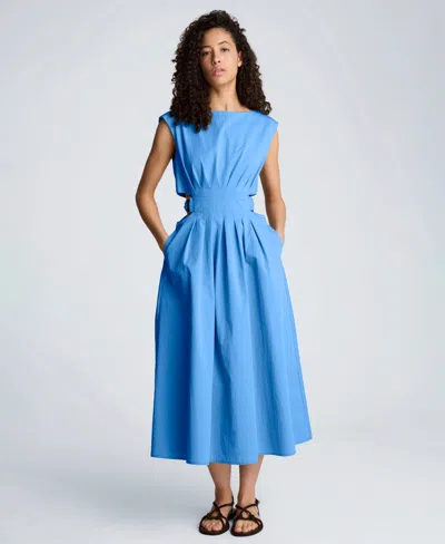 Kenneth Cole Cotton Poplin Sleeveless D-rings Tie Midi Dress In Blue