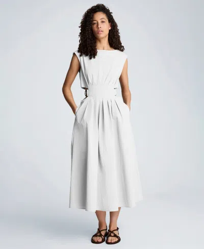 Kenneth Cole Cotton Poplin Sleeveless D-rings Tie Midi Dress In White