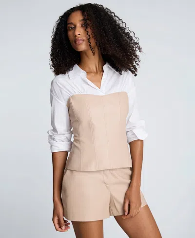Kenneth Cole Poplin Y-neck Top With Vegan Leather Bustier In Multi