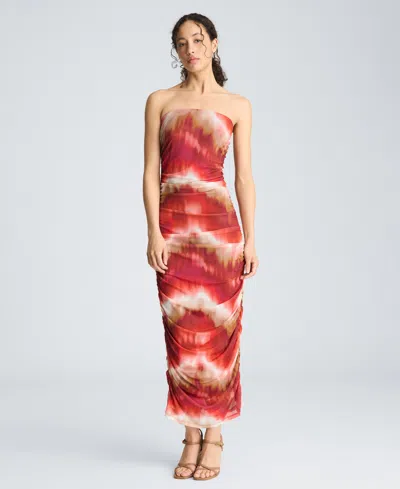 Kenneth Cole Strapless Ruched Midi Dress In Multi