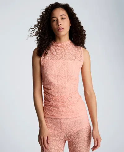 Kenneth Cole Stretch Lace Front Drape Mock Neck Tank In Pink