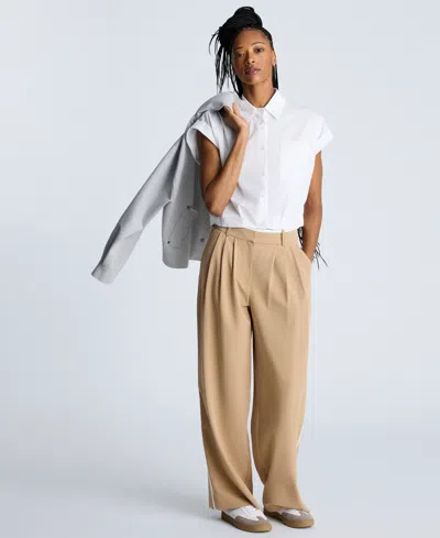Kenneth Cole Women's Tipped Wide-leg Pleated Pants In Chai,pure White