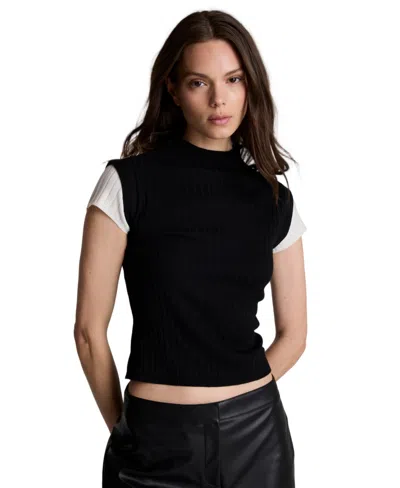 Kenneth Cole Women's Two-tone Layered Ribbed Mock-neck Sweater In Black,oyster