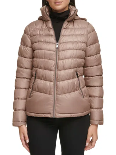 Kenneth Cole Women's Zip Puffer Hooded Jacket In Tan