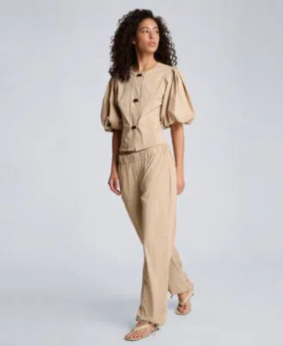 Kenneth Cole Womens Button Front Bubble Sleeve Top Pull On Wide Leg Bungee Hem Pants In Brown