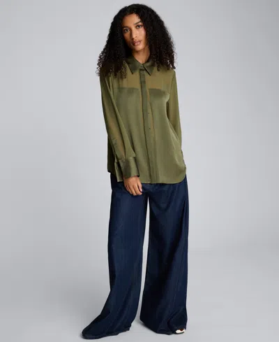 Kenneth Cole Women's' Button-front Collar Neck Shirt In Green