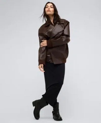 Kenneth Cole Womens Faux Leather Oversized Raw Edge Moto Jacket Athletic Stretch Slip Maxi Dress In Medium Bark
