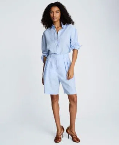 Kenneth Cole Womens Long Sleeve Button Front Top High Rise Pleated Shorts In Blue