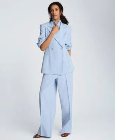 Kenneth Cole Womens Luxe Twill Double Breast Jacket Pintuck Wide Leg Pants In Blue