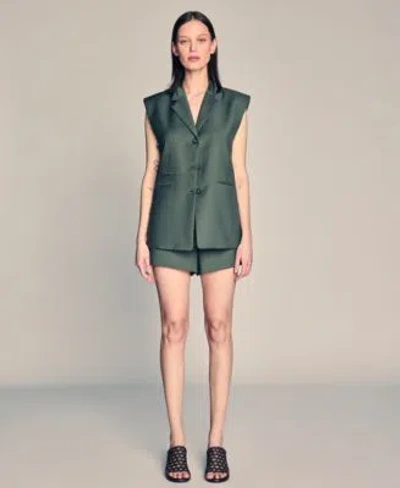 Kenneth Cole Womens Luxe Twill Sleeveless Blazer Double Welt Pocket Shorts In Green