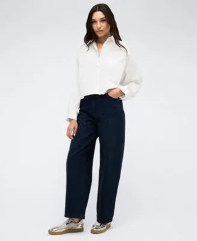 Kenneth Cole Womens Satin Striped Cropped Boyfriend Shirt High Rise Barrel Leg Denim Jeans In Blue