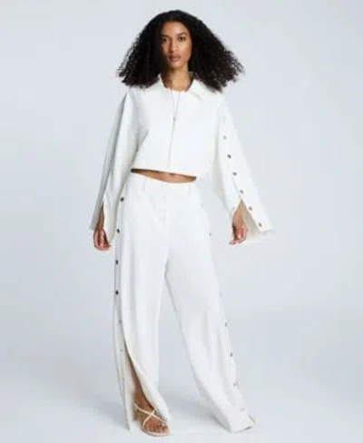 Kenneth Cole Womens Zip Front Snap Arm Jacket Cropped Sleeveless Bustier Top High Rise Side Snap Pants In White