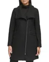 Kenneth Cole Asymmetric Zip Convertible Collar Bouclé Coat In Black