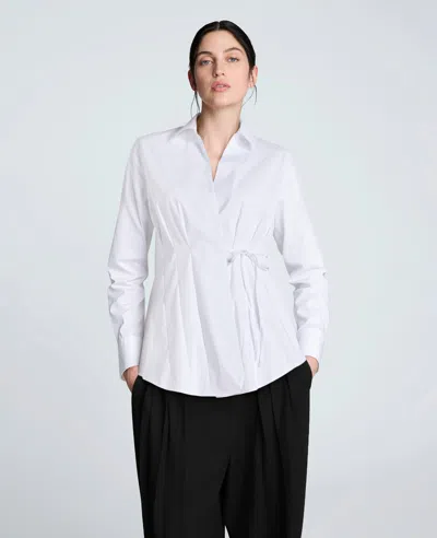Kenneth Cole Wrap Y-neck Tie Waist Poplin Shirt In White