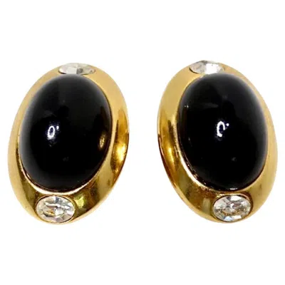 Pre-owned Kenneth Jay Lane 1980s  Black Cabochon Gold Tone Clip On Earrings