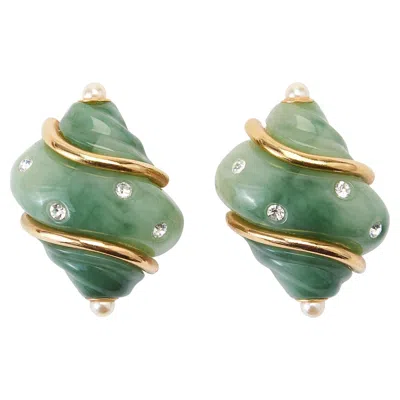 Pre-owned Kenneth Jay Lane 1990s  Green And Gold Shell Clip-on Earrings