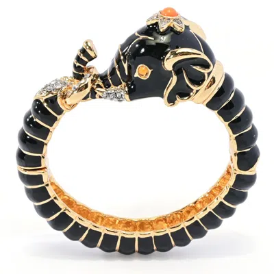 Kenneth Jay Lane 22k Gold Plated Enamel & Simulated Topaz Elephant Bangle Bracelet In Black