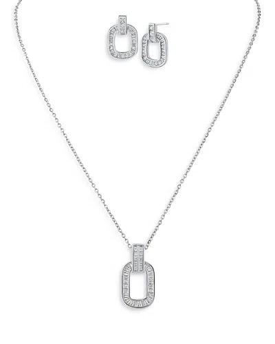 Kenneth Jay Lane Baguette Cubic Zirconia Link Pendant Necklace & Stud Earrings Set In Rhodium Plated In Silver