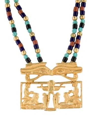 Pre-owned Kenneth Jay Lane Beaded Egyptian Hieroglyphs Pendant Necklace, 20" In Multi