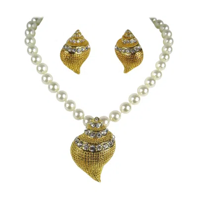 Pre-owned Kenneth Jay Lane Brooch & Earrings Set Crystal Seashell Kjl In Sand
