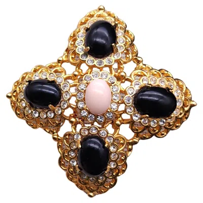 Pre-owned Kenneth Jay Lane Cabochon Cross Pin Brooch, Black & Pink, Gold Finish, Crystals