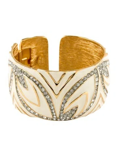Pre-owned Kenneth Jay Lane Crystal & Enamel Cuff Bracelet, 6.5" In White
