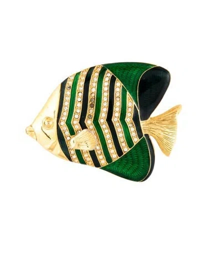 Pre-owned Kenneth Jay Lane Crystal & Enamel Fish Brooch Pin In Green