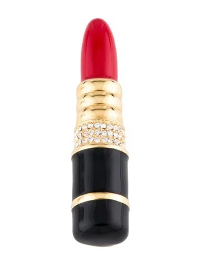 Pre-owned Kenneth Jay Lane Crystal & Enamel Lipstick Brooch Pin In Black/red