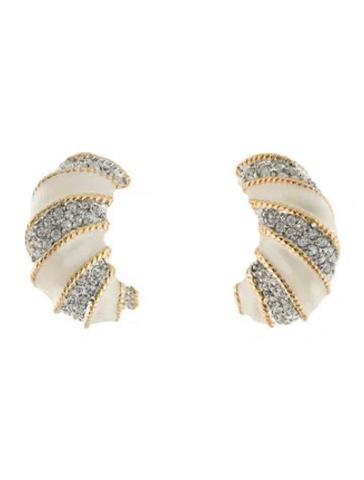 Pre-owned Kenneth Jay Lane Crystal & Enamel Rope Twist Clip-on Earrings In White