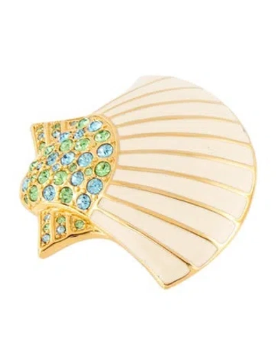 Pre-owned Kenneth Jay Lane Crystal & Enamel Shell Brooch Pin In Multicolor