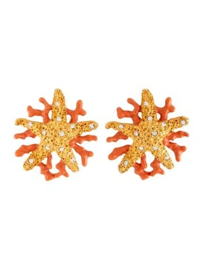 Pre-owned Kenneth Jay Lane Crystal & Enamel Starfish Clip On Earrings In Clear/orange
