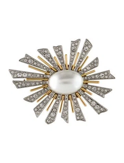 Pre-owned Kenneth Jay Lane Crystal & Faux Pearl Brooch In White