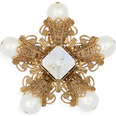 Kenneth Jay Lane Crystal & Faux Pearl Flower Pin In Gold