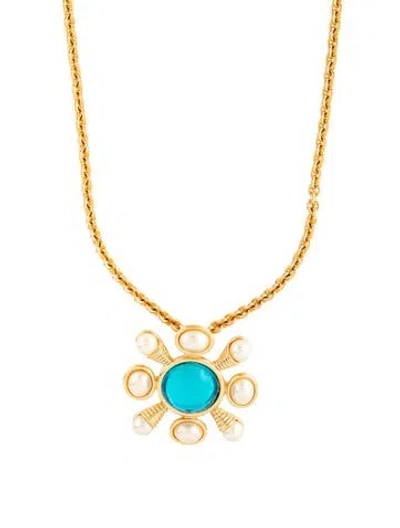 Pre-owned Kenneth Jay Lane Crystal & Faux Pearl Pendant Necklace, 28.25" In Blue